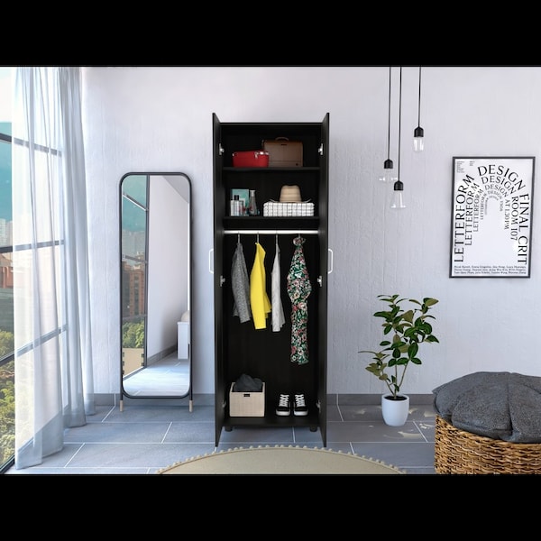 Tuhome Aurora Armoire, Two Interior Shelves, Rod, Double Door, Black CLW6471 - main